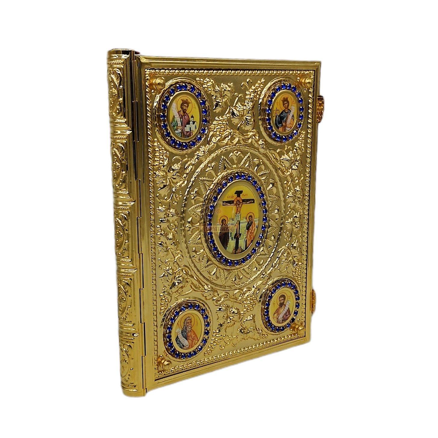 ΕΠΙΧΡΥΣΟ ΕΥΑΓΓΕΛΙΟ ΣΤΟΛΙΣΜΕΝΟ ΜΕ ΜΠΛΕ ΠΕΤΡΑΔΙΑ ΚΑΙ ΠΕΡΙΜΕΤΡΙΚΕΣ ΕΙΚΟΝΕΣ